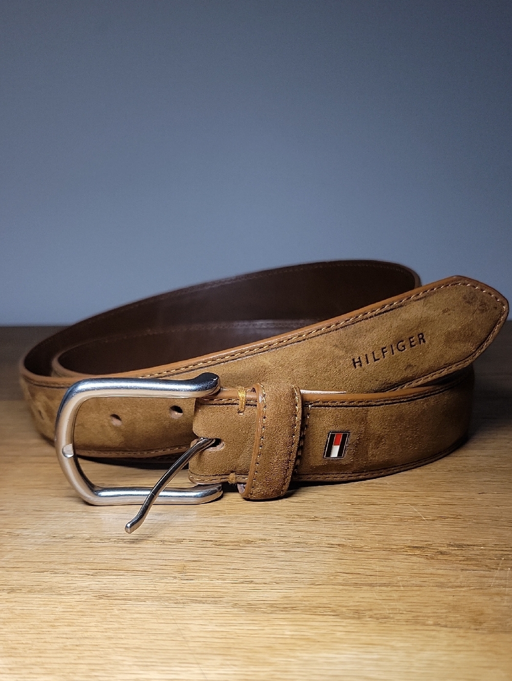 Mens Tommy Hilfiger Brown Belt Size 44 with Silver Colored Buckle